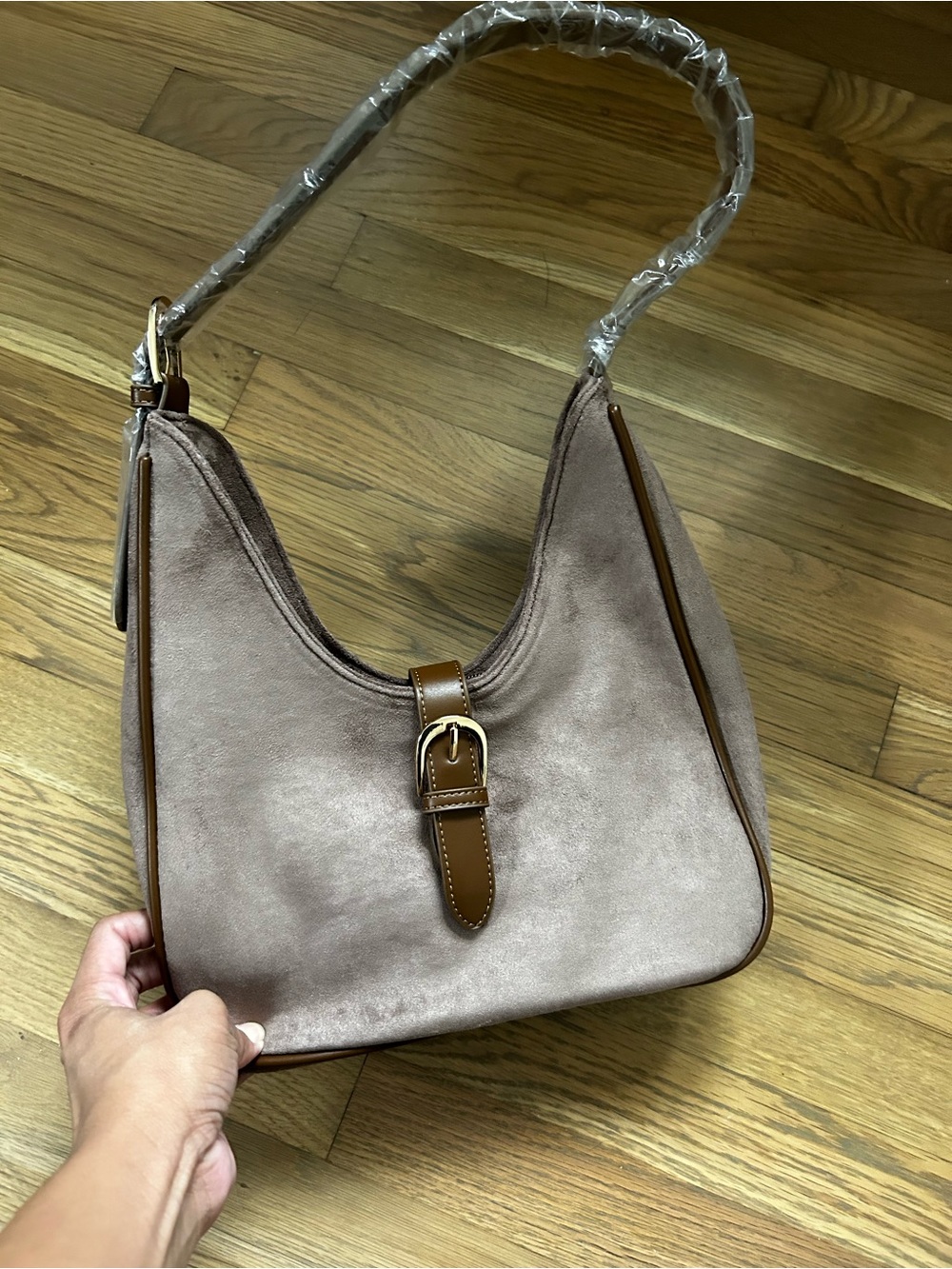 Taupe Suede-Texture Shoulder Bag with Brown Trim